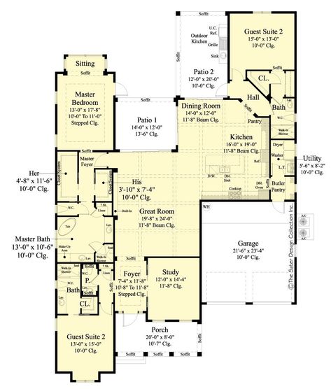 House Plan The Cedar Cove Creek | Sater Design Collection Home Plans Modern Mediterranean House, Cute Front Porch, Modern Mediterranean Homes, Cedar Cove, Custom Garage Doors, Creek House, Ceiling Plan, Mediterranean House Plans, Country Craftsman