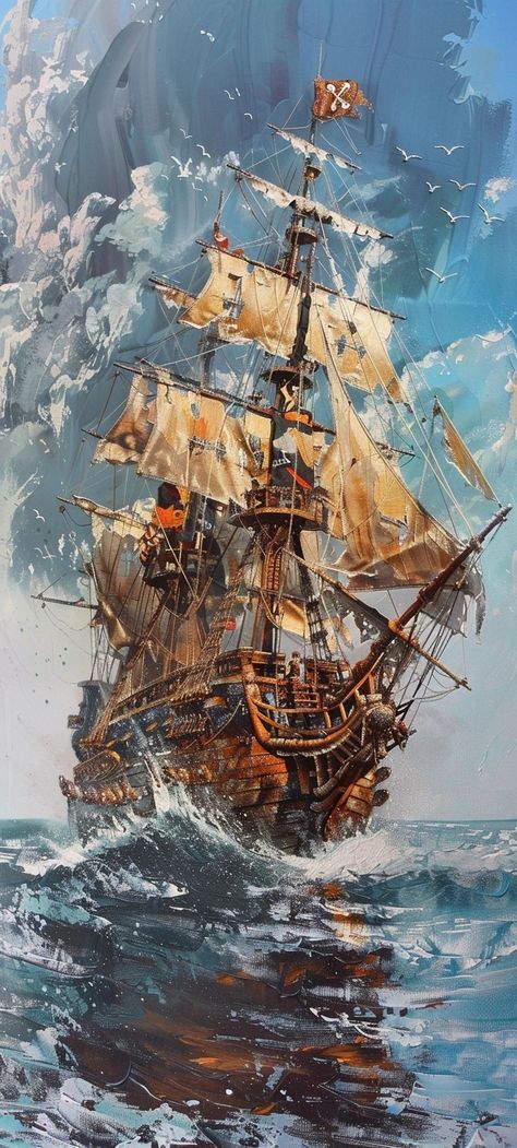 Ghost Ship Art, Pirate Ship Art, Ocean Art Painting, Navi A Vela, Painting Board, Old Sailing Ships, Postal Vintage, Pirate Art, Adventure Art