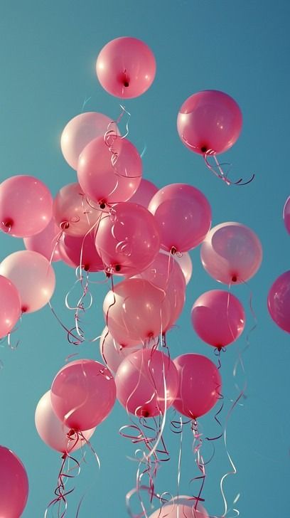 A cluster of pink balloons floats gracefully against a clear blue sky, symbolizing celebration and joy. Pink Balloon Photoshoot, Colorful Party Aesthetic, Baby Pink Balloons, Balloon Aesthetic, Pink Ballon, Bloom Sky, Balloon Wallpaper, Photo Splash, Big Nate