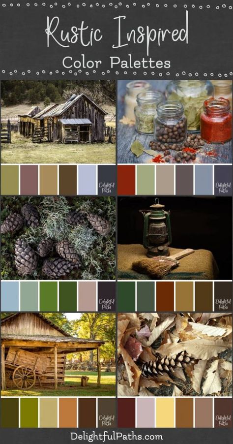 Rustic Inspired Color Palettes - Delightful Paths Log Cabin Color Palette, Rustic House Color Schemes, Hobbit Color Palette, Garden Color Palette, Fall Color Combinations, Rustic Decor Ideas, Rustic Style Home, Color Palette From Image, Rustic Color Palettes