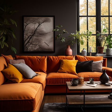 Burnt Orange Couch Living Room Ideas, Orange Couch Aesthetic, Burnt Orange Sofa Living Room, Orange Sofa Living Room Ideas, Orange Velvet Couch, Orange Velvet Sofa, Burnt Orange Living Room, Mustard Cushions, Gear Room