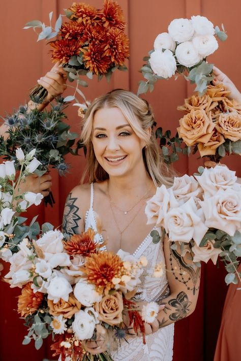 Monochrome bridesmaid bouquets White And Rust Wedding Bouquet, Rust Colour Wedding Bouquet, Monotype Bridesmaid Bouquet, Monochrome Bridesmaid Bouquet, Rust Bridal Bouquet Real Flowers, Rust Dried Flower Bouquet, Bohemian Fall, Bridesmaid Bouquet, Wedding Trends