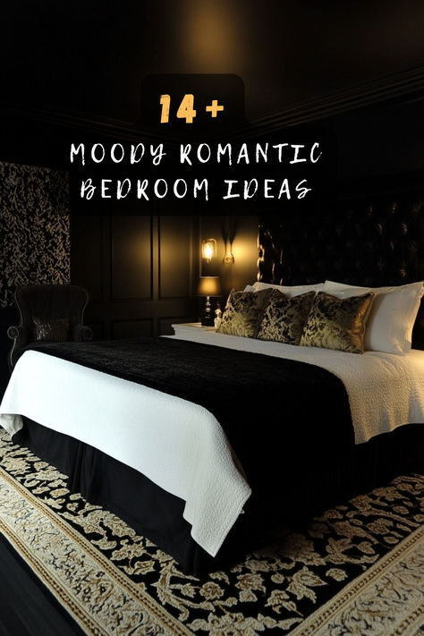 Set the mood with these 14 moody romantic bedroom ideas! From deep colors to soft lighting and luxurious textures, create the ultimate cozy retreat. Click now for inspiration! 🛏️✨❤️ #RomanticBedroom #MoodyDecor #BedroomInspo #InteriorDesign #CozySpaces #BedroomGoals #HomeDecor Spa Inspired Bedroom Master Suite, Black Painted Walls Bedroom, Dreamy Bedrooms Romantic, Modern Moody Bedroom, Romantic Bedroom Lighting Ideas, Spa Inspired Bedroom, Romantic Bedroom Colors, Dark Romantic Bedroom, Romantic Bedroom Lighting