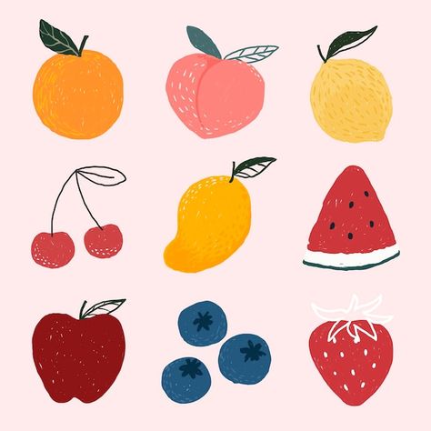 Fruit Doodle, Vegetable Cartoon, Cafe Posters, Fruit Icons, Fruits Drawing, Fruit Vector, Colorful Vegetables, Fruit Illustration, Cute Paintings