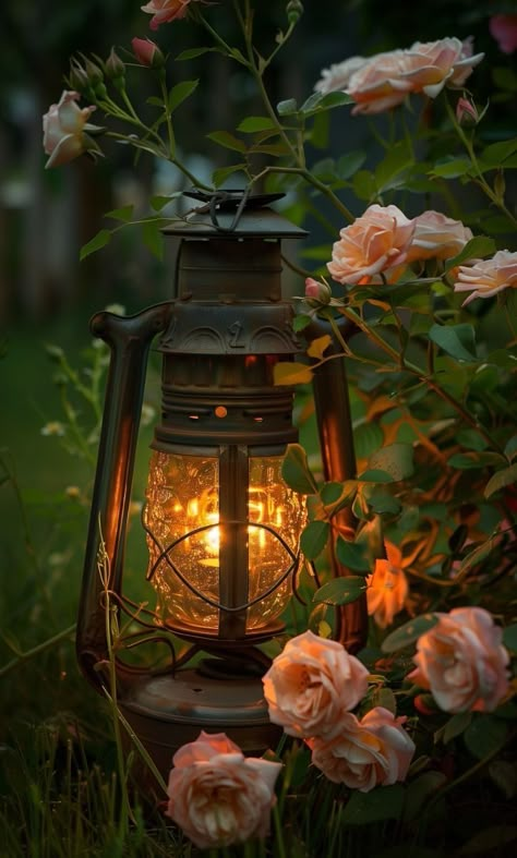 Warm Glow Aesthetic, Rose Garden Aesthetic, Warm Vintage Aesthetic, Vintage Pastel Aesthetic, Red And Orange Roses, Glowing Lantern, English Rose Garden, Nostalgic Aesthetic, Vintage Lanterns