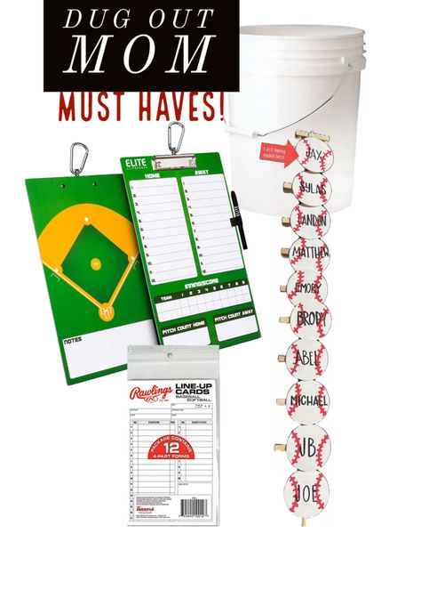 Softball Dugout Buckets, Tball Organization, Baseball Dugout Organization Team Mom, Dugout Mom Ideas, Baseball Team Mom Ideas, Travel Ball Mom Must Haves, Tball Dugout Organization, Softball Dugout Organization, Baseball Buckets For Dugout