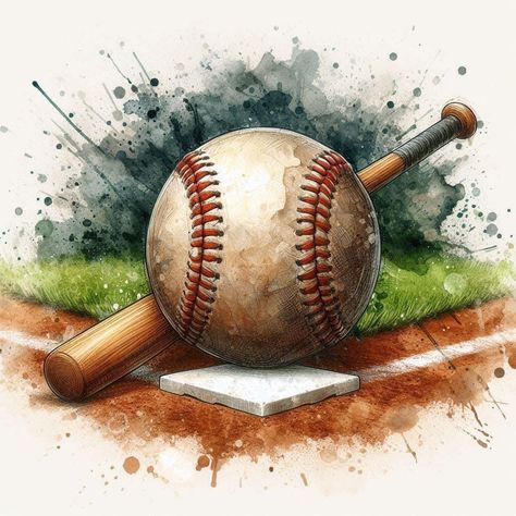 Watercolor Baseball Art, Baseball Watercolor, Softball Art, Baseball Images, Baseball Themed Bedroom, Water Bottle Decals Vinyls, Baseball Painting, Baseball Backgrounds, Sports Painting