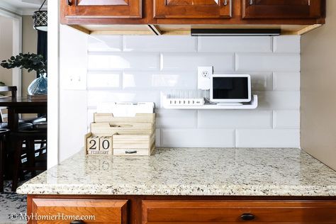 If your low on counter space or tired of your counters looking messy, check out these easy kitchen organization tips to keep your counters clutter free. Cheap DIY ideas to declutter countertops and organize your kitchen in a better way. Mail Station In Kitchen Counter, Kitchen Counter Mail Organization, Countertop Paper Organizer, Kitchen Counter Paper Organization, Countertop Catch All, Counter Top Organization Ideas, Countertop Shelf Kitchen, Kitchen Desk Organization, Kitchen Counter Shelf