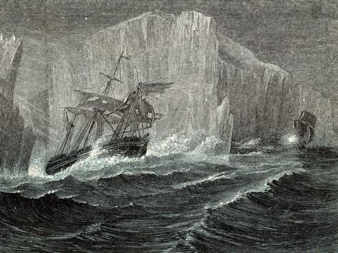 The Erebus and the Terror among icebergs, as illustrated in The Polar World by G. Hartwig in 1874. Sir John Franklin, British naval officer and arctic explorer, commanded the 1845 expedition of the ships to search for the Northwest Passage. All members of the expedition perished. The Terror Amc, Franklin Expedition, Arctic Expedition, Arctic Explorers, Apollo 13, Top Of The World, Tahiti, Archaeology, North West