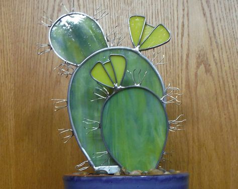 Stained Glass Cactus, Tin Punch, Potted Cactus, Stain Glass Ideas, Glass Cactus, Modern Stained Glass, Pear Cactus, Glass Suncatchers, Stained Glass Birds