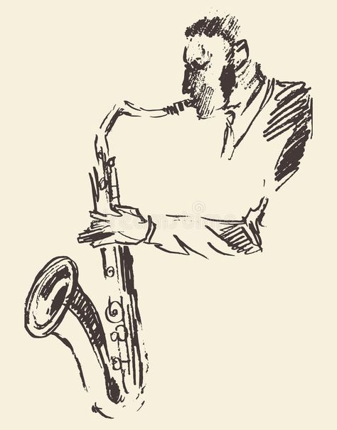 Music Related Sketches, Jazz Inspired Tattoos, Saxaphone Sketch Tattoo, Alto Sax Tattoo, Jazz Band Drawing, Saxophone Drawing Simple, Playing Saxophone Drawing, Drawings About Music, Saxaphone Sketch