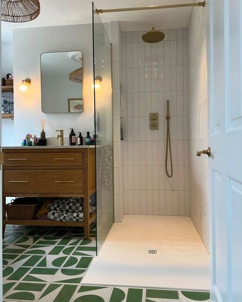 Bert & May | Green tile inspiration: Infuse vitality into your home with foliage and vibrant tiles. This bathroom, enhanced by wood and gold finishes… | Instagram Green Gold And Wood Bathroom, Green And Brushed Brass Bathroom, Olive Bathroom Tiles, Green Tile Bathroom Gold Fixtures, Green Tile Gold Fixtures, Green And Gold Bathroom, Wet Room Shower Screens, Bert And May Tiles, Wet Room Tiles