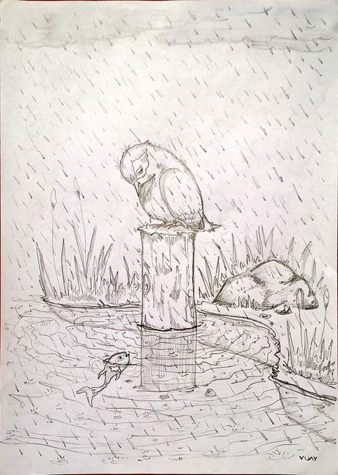 Rainy Day Drawing Pencil, Rain Pencil Sketch, Raining Sketch, Rain Drawing Sketches, Fish Pond Drawing, Raining Drawing, How To Draw Rain, Rain Sketch, Nature Sketches Pencil