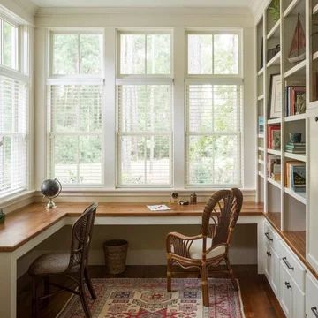 Built In L Shaped Desk, Home Office Built Ins With Desk, Dining Room To Home Office, U Shaped Office Desk, Small Bedroom Desk, Built In Desk And Shelves, Desk And Shelves, Home Office Built Ins, L Shaped Office Desk