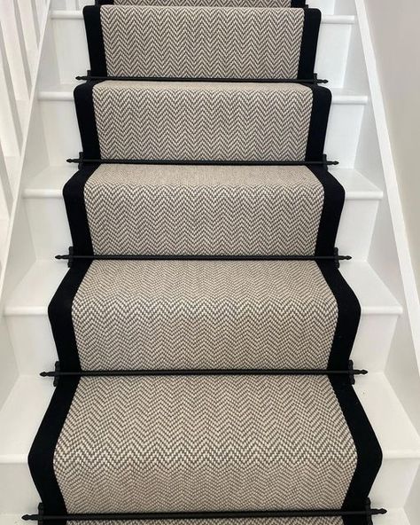 Stair Runner Black Stairs, Stair Runner Black, Carpet Runner Black Stairs, Enclosed Staircase, Carpet Stair Treads Uk, Staircase Carpet Runner, Herringbone Stair Carpet Uk, Stairs And Hallway Ideas, Stairs Carpet