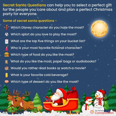 Secret Santa game is a game for choosing the perfect present for everyone. This game can help you to have different creative gift ideas for your loved ones. #secretsanta #game #thepleasantconversation #santa #gifts #questions #surprisegifts #answers #christmasgame #celebration #holidaygame Funny Secret Santa Messages, Secret Santa Rules For Work, Secret Santa Writing, Secret Santa Type Games, Work Secret Santa Rules, Secret Santa Questions, Secret Santa Game, Holiday Games, Christmas Games