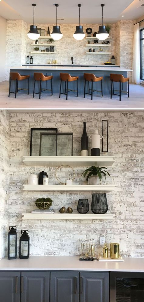 Brick Wall Accent Ideas, White Washed Brick Accent Wall, Painting Brick Interior Wall Kitchen, Brick Wallpaper In Kitchen, Painted Brick Walls Living Room, Whitewash Brick Wallpaper, White Brick Accent Wall Living Room, White Wash Brick Accent Wall, Whitewash Brick Interior