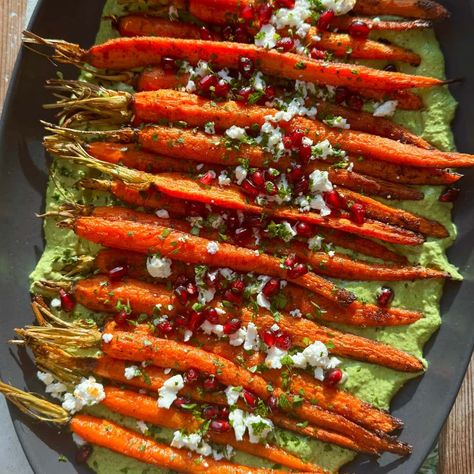 Roasted Carrots with Green Goddess Feta Dip - Crowded Kitchen Asparagus Recipes Christmas, Sharing Dishes Dinner Party, Roasted Carrots Feta, Gourmet Carrots Recipe, Thanksgiving Vegetable Recipes, Thanksgiving Veggie Dishes, Fancy Carrots, Green Vegetable Side Dish, Carrots And Feta