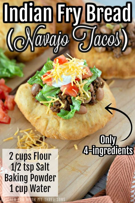 Indian Fry Bread Recipe Easy, Indian Taco Recipes, Fry Bread Tacos, Indian Fry Bread, Indian Tacos, Fried Bread Recipe, Savory Bread Recipe, Native American Food, Recipes Mexican