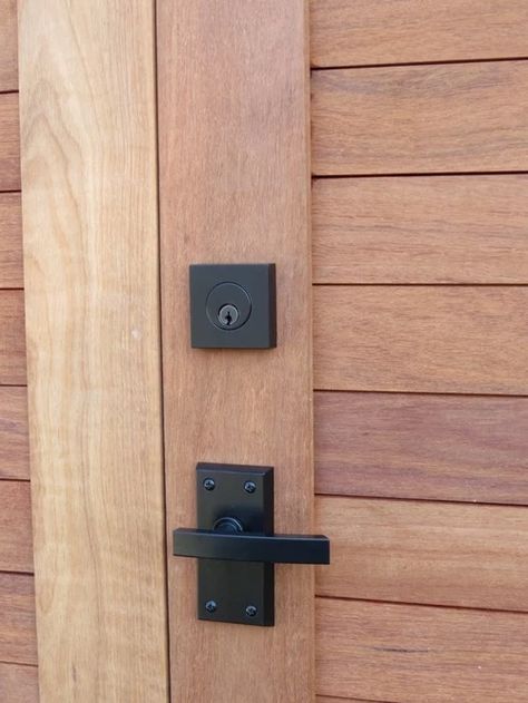 Contemporary Lever Gate Latch with Deadbolt on Wood Gate Modern Gate Hardware, Outdoor Gate Handles, Gate Hardware Ideas, Locking Gate Latch Ideas, Garden Gate Hardware, Fence Gate Lock Ideas, Fence Lock Ideas, Gate Latches Hardware, Gate Handles Ideas