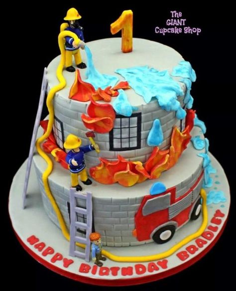 Fireman Sam & Friends - Cake by TheGiantCupcakeShop Fireman Birthday Cake, Birthday Cake Firefighter, Fire Truck Cakes For Boys, Firefighter Cake, Fire Fighter Birthday Theme Cake, Fondant Fire Truck, Fondant Fireman, Fireman Sam Birthday Cake, Firefighter Birthday Cakes