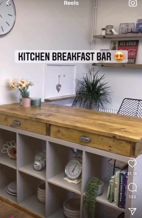 Ikea kitchen Island Hacks Cheap Ikea Desk, Diy Breakfast Bar, Kitchen Island Hack, Ikea Hack Storage, Dresser Kitchen Island, Ikea Kura Bed, Ikea Hack Kitchen, Ikea Kitchen Island, Ikea Kura