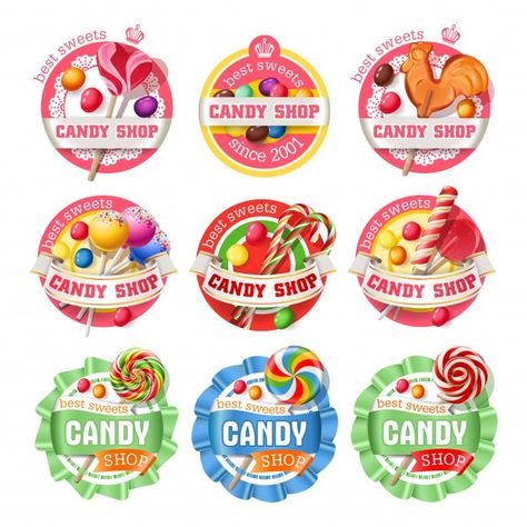 Vector set of lollipop logos, stickers Free Vector Customized Stickers, Candy Images, Candy Logo, Candy Labels, Colorful Frames, Vector Food, Cute Food Art, Banner Vector, Badge Design