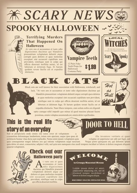 Premium Vector | Vector old festival halloween newspaper vector Halloween Vintage Decor, Halloween Poster Ideas, Old Halloween Aesthetic, Flower Newspaper, Halloween Newspaper, Halloween Vintage Art, Indesign Ideas, Halloween Magazine, Halloween Poster Design