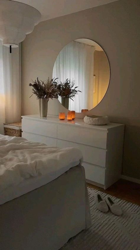 Japandi Bedroom, Cute Bedroom, Neutral Bedroom Decor, Classy Bedroom, Dekorasi Kamar Tidur, Circular Mirror, Bedroom Decor Design, Redecorate Bedroom, Cute Bedroom Decor