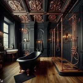 his bathroom in the dark academia style tall ceili - Image Creator from Microsoft Designer Dark Academia Bathroom, Gothic Bathroom Ideas, Dark Academia Interior, His Bathroom, Dark Academia Home, Gothic Bathroom, Goth Houses, Royal Bathroom, Dark Basement