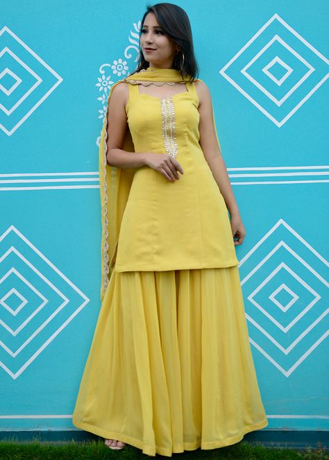 #Sharara #ShararaSuit #ShararaDesigns #ShararaDress Yellow Sarara Dress, Yellow Sharara, Georgette Sharara, Neck Stitching, Gharara Suits, Sharara Designs, Gallery Pictures, Designer Kurti Patterns, Long Kurti Designs