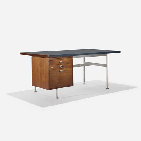 Jens Risom. desk. c. 1955, walnut, aluminum, leather. Wastepaper Basket, Magazine Table, Jens Risom, Mcm Furniture, Design Department, Work Surface, American Design, Home Office Desks, Chair And Ottoman