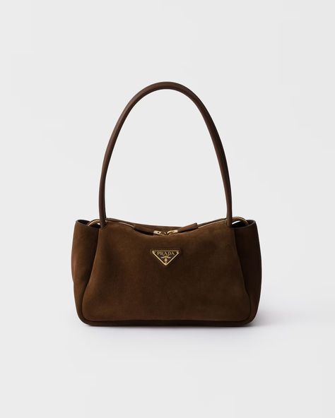 Cocoa Brown Medium Suede Shoulder Bag | PRADA Dream Purse, Vintage Prada Bag, Trending Bags, Bag Wishlist, Handbag Ideas, Purse Collection, Money Moves, Bag Prada, Messenger Bag Backpack