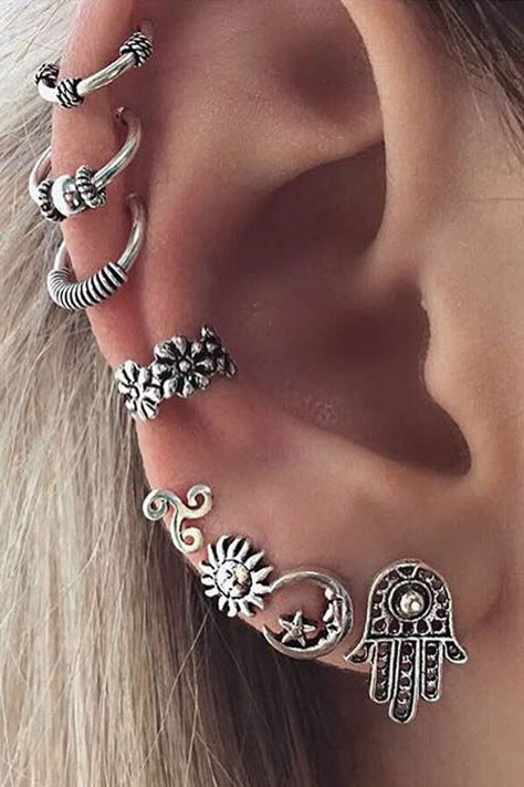 Antiqued Silver Boho Ear Piercing Ideas at MyBodiArt.com - Flower Ear Cuff - Moon Earring - Sun Stud Silver Ear Cuff Earrings, Flower Ear Cuffs, Septum Piercings, Flower Ear, Silver Ear Cuff, Ear Cuff Earings, Ear Cuffs, Moon Earrings, Stud Earrings Set