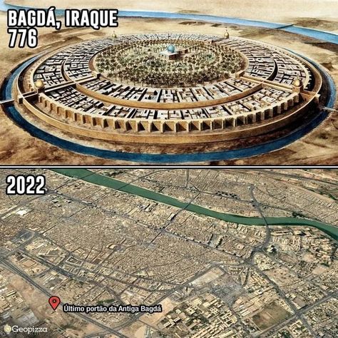 national archaeology on Instagram: "This was the city of Baghdad, Iraq, in medieval times 🇮🇶 The city was planned in a circular format, on the bank of the Tigris River. It had a total of 3 rings, 1 of which was exclusive to the residence of the nobility. The other 2 rings were commercial and residential areas. On the outside of the 3rd ring, there was a large fortress and a circular moat to prevent invasions 🏰 The city was built on the orders of Caliph al-Mansur, in 762, of the Abbasid Cali Ancient Baghdad, Tigris River, House Of Wisdom, Abbasid Caliphate, Green Dome, Baghdad Iraq, Geometric Architecture, Archaeology News, Ancient Mesopotamia