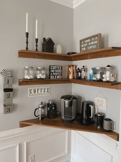 Custom shelves, stocked with coffee. A coffee machine and french press work space. Long Coffee Bar Ideas, Coffee Bar In A Closet, Coffee Bar In Dining Room, Bar In Dining Room, Corner Coffee Bar Ideas, Corner Dining Room, Corner Coffee Bar, Built In Coffee Bar, Dining Room Corner