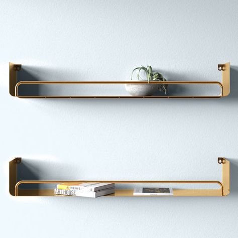 Wade Logan® Jimeny 2 Piece Bracket Shelf | Wayfair Mid Century Wall Shelves, Bracket Shelves, Metal Floating Shelves, Brass Shelves, Bracket Shelf, Modern Wall Shelf, Mid Century Modern Walls, Wall Mounted Shelves, Wall Organization