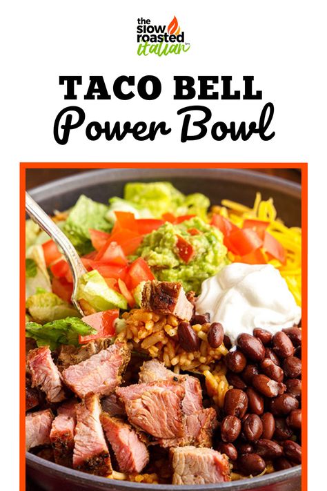 The Taco Bell Power Bowl is full of everything we love from our favorite Mexican fast food joint: rice and beans, lettuce and cheese, and a creamy topping of guac and sour cream! Taco Bell Protein Bowl, Copycat Taco Bell Power Bowl, Mexican Power Bowl, Taco Bell Chicken Power Bowl Recipe, Taco Bell Bowl Recipe, Taco Bell Protein Bowl Recipe, Taco Bell Power Bowl Recipe Copycat, Steak Power Bowl Recipe, Taco Bell Power Bowl Recipe