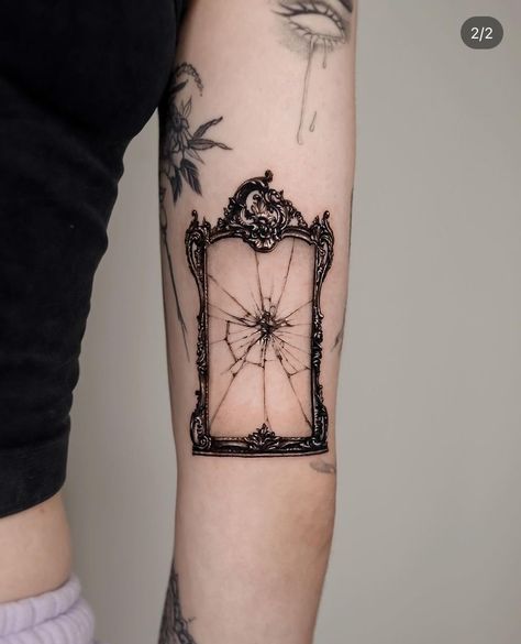 Old Frame Tattoo, Cloche Tattoo, Victorian Window Tattoo, Cracked Mirror Tattoo, Ornate Mirror Tattoo, Nihilism Tattoo, Ornate Frame Tattoo, Framed Tattoo Ideas, Archway Tattoo