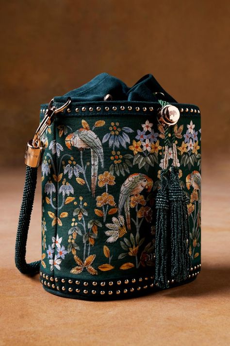 Buy Gold Embroidered Silk Potli Bag by AMYRA Online at Aza Fashions. Hand Painted Bags Handbags, Handbags Unique, Hand Painted Purses, Painted Handbag, Potli Bag, Handpainted Bags, Embroidered Handbag, Anita Dongre, Painted Bags