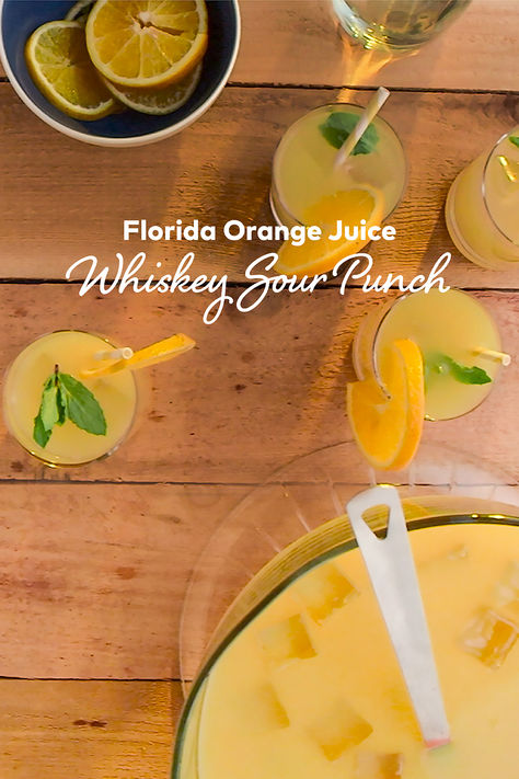 Bring a splash of sunshine to your next gathering with this Whiskey Sour Punch! Made with Florida Orange Juice and paired with smooth whiskey, this easy recipe is only a few ingredients and a total crowd-pleaser. Every sip is refreshingly vibrant and naturally sweet, delivering the Florida-difference you can taste. Whiskey Punch For A Crowd, Whiskey Sour Punch, Ocean Cocktail, Punch For A Crowd, Whiskey Punch, Alcoholic Party, Boozy Food, Orange Juice Cocktails, Florida Orange Juice