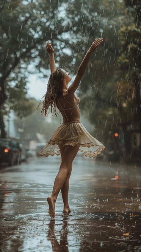 Model In Rain Photography, Rainy Street Aesthetic, Women In The Rain, Outdoor Ballet Photography, Rainy Day Photoshoot, Head Tilted Back, Rain Photoshoot, Rainy Photoshoot, Woman In White Dress