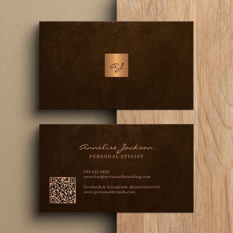 Classy luxury upscale monogram name initials business card in faux dark brown leather look (PRINTED) with a faux gold copper metallic shiny square (also PRINTED). ++++++++++++++ Easy to personalize on both sides with your details and QR CODE to link online! ++++++++++++ Suitable for consultants, personal stylists, makeup artist, hairstylist, salon manager, home interior designers or architects, boutique owners, lifestyle bloggers, artists, luxury services business professional providers. Clothing Business Cards Ideas, Brown And Gold Business Cards, Ceo Office Design Luxury, Elegant Business Cards Design, Stationery Business Card, Business Web Design, Luxury Website, Stylish Business Cards, Premium Business Cards