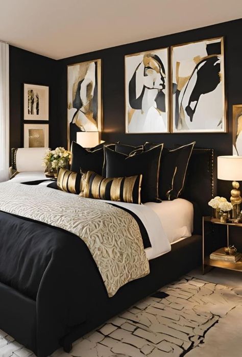 Black White Gold Grey Bedroom, Gold Black Home Decor, Gold And Black Bedroom Decor Ideas, Black Green And Gold Bedroom Ideas, Black And Gold Room Decor Bedroom, Dark Classy Bedroom, Black And Gold Master Bedrooms Decor, Bedroom With Mirror Wall, Black Cream And Gold Bedroom