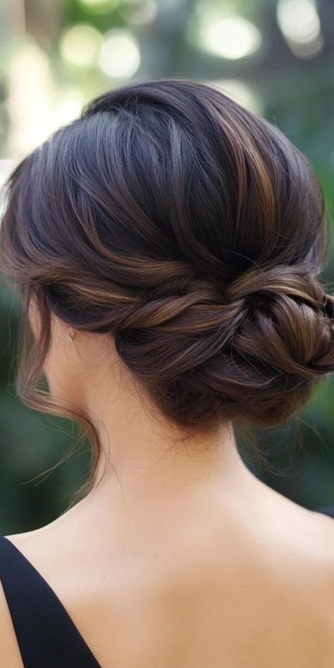 Looking for an easy updo for shoulder-length hair? Try this low bun with face-framing strands. It�s a simple style that adds a touch of elegance to your look without being too fussy. Perfect for any occasion, from a casual day out to a formal event. Bridesmaid Updo Shoulder Length Hair, Wedding Hair Shoulder Length Updo, Bridal Hair Updo Brown Hair, Bridal Hairstyles Updo Elegant, Front View Updo Hairstyles, Up Dos For Shoulder Length Hair, Shoulder Length Hair Updo Wedding, Formal Updos For Medium Length Hair Wedding, Formal Low Bun Hairstyles