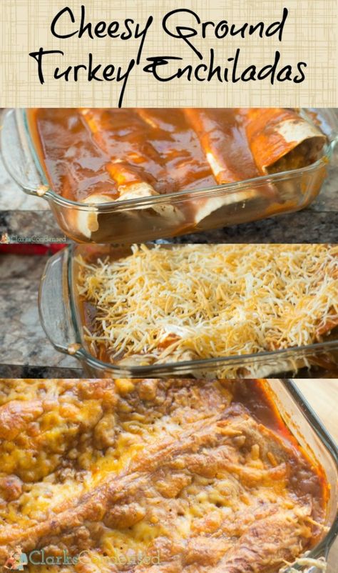 These cheesy ground turkey enchiladas are better-for-you than beef enchiladas but have the same great flavor! It's a great easy dinner idea. Ground Turkey Enchiladas, Ground Turkey Casserole, Quick Meals To Make, Enchiladas Healthy, Ground Turkey Tacos, Turkey Enchiladas, Beef Enchiladas, Turkey Dishes, Enchilada Recipes