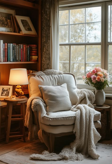 Cozy Corner Creations: Inspiring Reading Nook Ideas - Reading Corner Ideas For Adults Bedroom, Sitting Corner In Bedroom, Bedroom Sitting Area Small Cozy Corner, Bedroom Reading Nook Cozy Corner, Cottage Reading Nook, Cozy Reading Nook Small Spaces, Room Cozy Corner, Office Library Room, Cozy Bedroom Corner