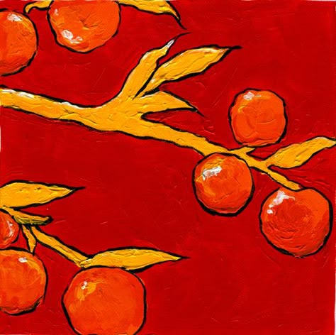 This painting is pretty cool and has an analogous color scheme. The background is red, branches are yellow and the berries are orange. Analogus Scheme Painting, Analogous Colour Scheme Painting, Orange Monochromatic Painting, Analogous Color Scheme Painting, Analogues Colour Scheme, Analogous Painting Ideas, Triadic Color Scheme Art, Split Complementary Color Scheme Art, Analogous Color Scheme Art Projects