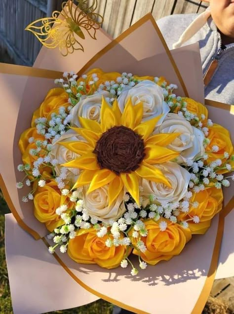 Satin Sunflower Bouquet, Eternal Bouquet Ideas For Him, Single Eternal Rose, Diy Sunflower Bouquet, Eternal Bouquet, Sunflower And Roses, Ribbon Sunflower, Silk Ribbon Flowers, Satin Flowers Diy