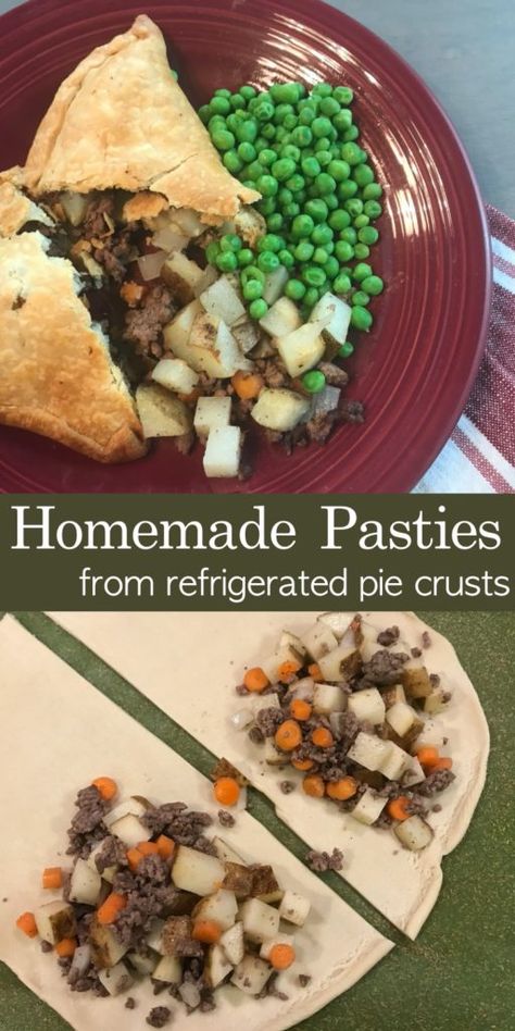 These easy homemade pasties use premade refrigerated pie crusts and ground beef to make delicious custom filled pasties. I like traditional meat, potatoes, and onions, but you could get creative and change them up. Meat And Potato Pockets, How To Make Beef Pasties, Ground Beef Pie Crust, Beef And Potato Pasties, Meat Pasties Recipes, Homemade Pasty Pie, Ground Beef Pasties, Beef Pasties Recipes Easy, Pasty Recipe Easy